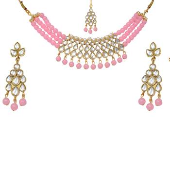 Steorra Jewels Traditional Partywear Pink Pearl Kundan Choker Necklace Set For Women And Girls 2