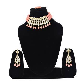 Steorra Jewels Traditional Peach Pearl Kundan Choker Necklace Set For Women And Girls 1