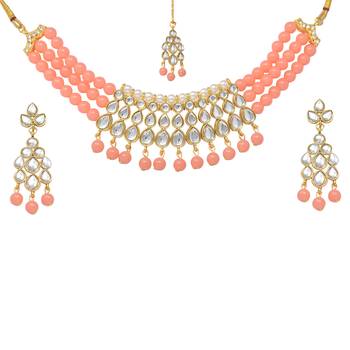 Steorra Jewels Traditional Peach Pearl Kundan Choker Necklace Set For Women And Girls 2