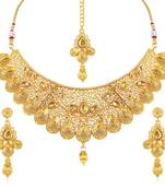 Steorra Jewels Traditional Indian Ethnic Golden Choker Necklace Set With Hanging Earring
