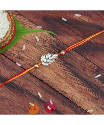 Traditional Handmaded Kundan Leaf Shaped Dora Rakhi for Brother Red,Gold 1