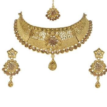 Steorra Jewes Traditional Indian Golden Choker Necklace set for girls and women 2