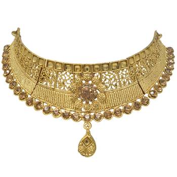 Steorra Jewes Traditional Indian Golden Choker Necklace set for girls and women 3