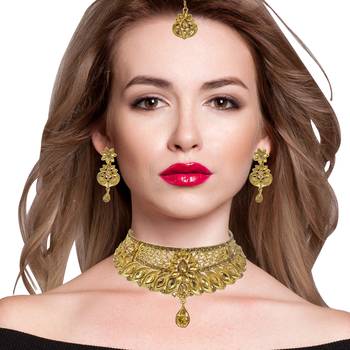 Steorra Jewes Traditional Indian Golden Choker Necklace set for girls and women 1