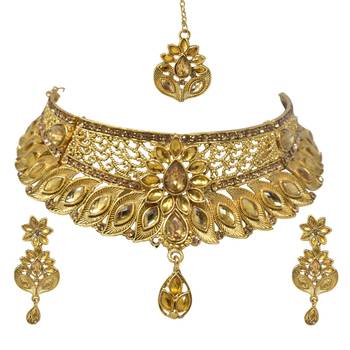 Steorra Jewes Traditional Indian Golden Choker Necklace set for girls and women 2