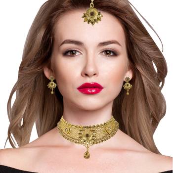 Steorra Jewes Traditional Indian Golden Choker Necklace set for girls and women 1