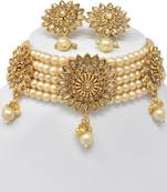 Steorra jewels tradional white Beads golden kundan choker necklace set with matching earring for girls and women
