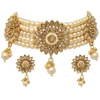 Steorra jewels tradional white Beads golden kundan choker necklace set with matching earring for girls and women 2