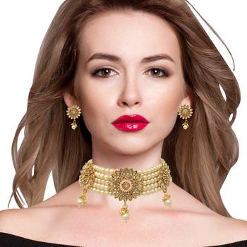Steorra jewels tradional white Beads golden kundan choker necklace set with matching earring for girls and women 5