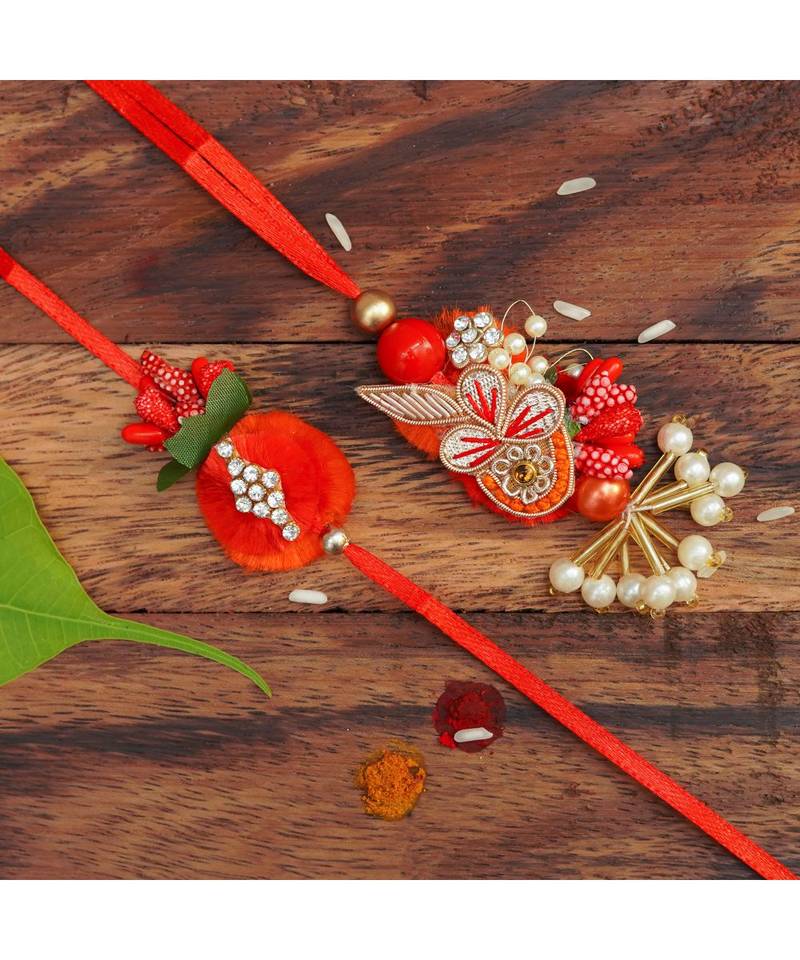 Set of 2 Traditional Handmade Festive Peacock  Rakhi & Lumba Tassel Rakhi For Brother & Bhabhi Red,Gold