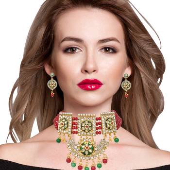 Steorra jewels traditional Red Green Beads Kundan Choker Necklace Set With Hanging earring 1
