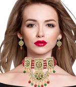 Steorra jewels traditional Red Green Beads Kundan Choker Necklace Set With Hanging earring