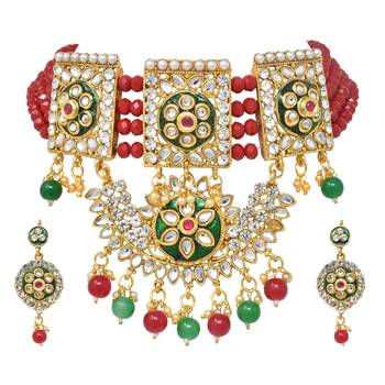 Steorra jewels traditional Red Green Beads Kundan Choker Necklace Set With Hanging earring 3