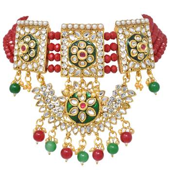 Steorra jewels traditional Red Green Beads Kundan Choker Necklace Set With Hanging earring 4