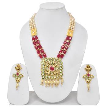 Steorra Jewels Traditional Indian Red beads heavy kundan pendant long necklace set for women and girls 1