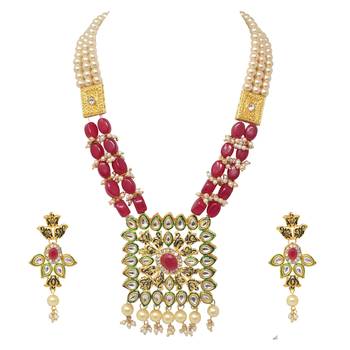 Steorra Jewels Traditional Indian Red beads heavy kundan pendant long necklace set for women and girls 2
