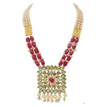 Steorra Jewels Traditional Indian Red beads heavy kundan pendant long necklace set for women and girls 3