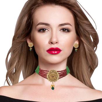 Steorra Jewels wedding style red green beads kundan stylish choker necklace set with matching earring for women 2