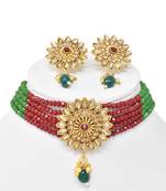 Steorra Jewels wedding style red green beads kundan stylish choker necklace set with matching earring for women
