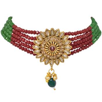 Steorra Jewels wedding style red green beads kundan stylish choker necklace set with matching earring for women 3