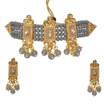 Traditional Gold Tone Kundan Grey Beads Partywear Choker Necklace with matching earring 2