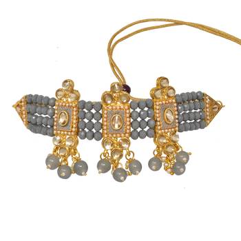 Traditional Gold Tone Kundan Grey Beads Partywear Choker Necklace with matching earring 3