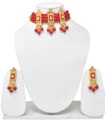 Steorra Jewels Traditional gold Tone Red Beads Heavy Kundan Partywear Choker Necklace Set For women and girls