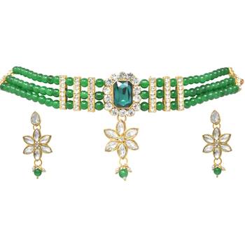 Steorra Jewels Partywear Bollywood Style Heavy Kundan Green Pearl Choker Necklace Set with earring for women 3