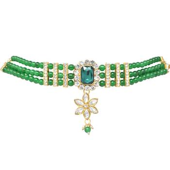 Steorra Jewels Partywear Bollywood Style Heavy Kundan Green Pearl Choker Necklace Set with earring for women 4