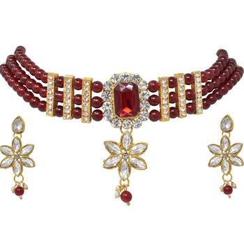 Steorra Jewels Partywear Bollywood Style Heavy Kundan Green Pearl Choker Necklace Set with earring for women 3