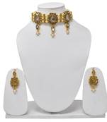Steorra Jewels Traditional Heavy Kundan Golden Pearl Choker Necklace with matching earring for women and girls