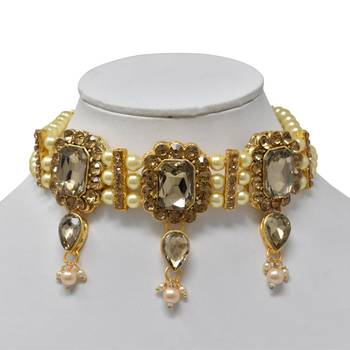 Steorra Jewels Traditional Heavy Kundan Golden Pearl Choker Necklace with matching earring for women and girls 4