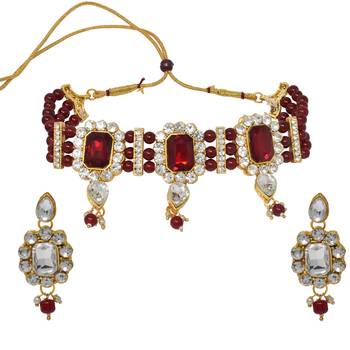 Steorra Jewels Wedding Style Heavy Kundan Red Pearl Choker Necklace Set For women And girls 3