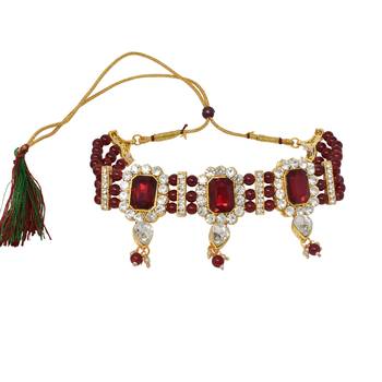 Steorra Jewels Wedding Style Heavy Kundan Red Pearl Choker Necklace Set For women And girls 4