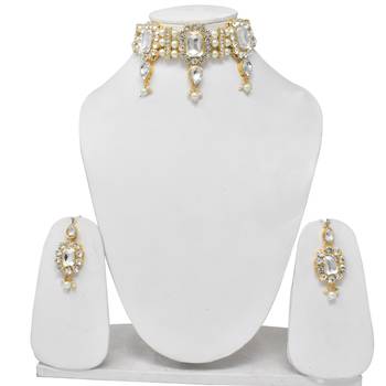 Steorra Jewels Partywear wedding Style Heavy Kundan White Beads Choker Necklace Set For Girls And Women 2