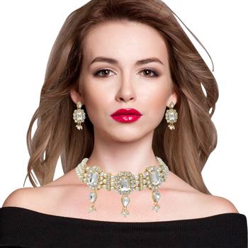Steorra Jewels Partywear wedding Style Heavy Kundan White Beads Choker Necklace Set For Girls And Women 3