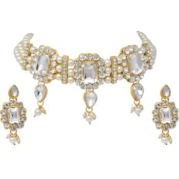Steorra Jewels Partywear wedding Style Heavy Kundan White Beads Choker Necklace Set For Girls And Women 1