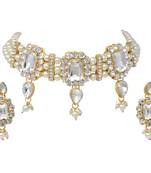 Steorra Jewels Partywear wedding Style Heavy Kundan White Beads Choker Necklace Set For Girls And Women