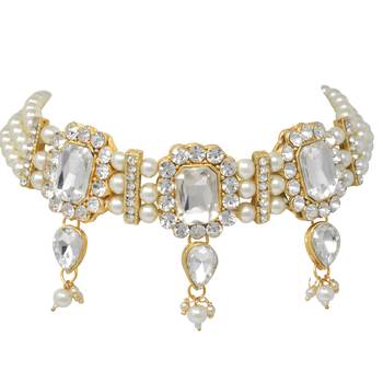 Steorra Jewels Partywear wedding Style Heavy Kundan White Beads Choker Necklace Set For Girls And Women 4
