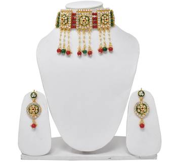Traditional Bollywood style red Green Beads Kundan Choker Necklace Set For Women And girls 2