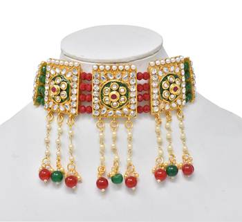 Traditional Bollywood style red Green Beads Kundan Choker Necklace Set For Women And girls 3