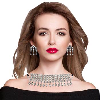 Silver Oxidized mirror style design Dori Thread Antique Traditional Choker Necklace with matching earring 1