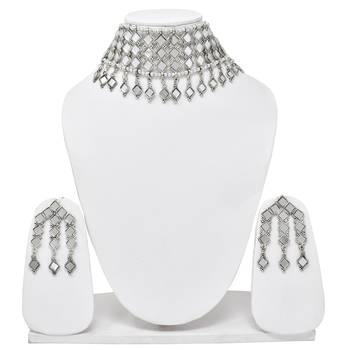 Silver Oxidized mirror style design Dori Thread Antique Traditional Choker Necklace with matching earring 2