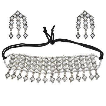 Silver Oxidized mirror style design Dori Thread Antique Traditional Choker Necklace with matching earring 3