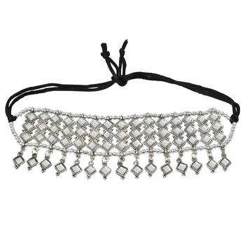 Silver Oxidized mirror style design Dori Thread Antique Traditional Choker Necklace with matching earring 4