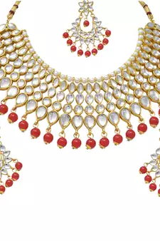  Traditional Bollywood style heavy kundan red pearl choker necklace set with hanging earring