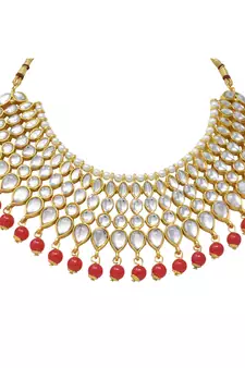  Traditional Bollywood style heavy kundan red pearl choker necklace set with hanging earring
