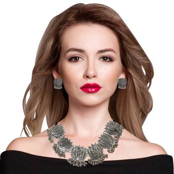 Silver Oxidized Traditional Lotus Style Choker Necklace With Matching Earring 1