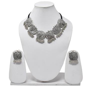 Silver Oxidized Traditional Lotus Style Choker Necklace With Matching Earring 2