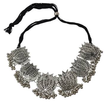 Silver Oxidized Traditional Lotus Style Choker Necklace With Matching Earring 3